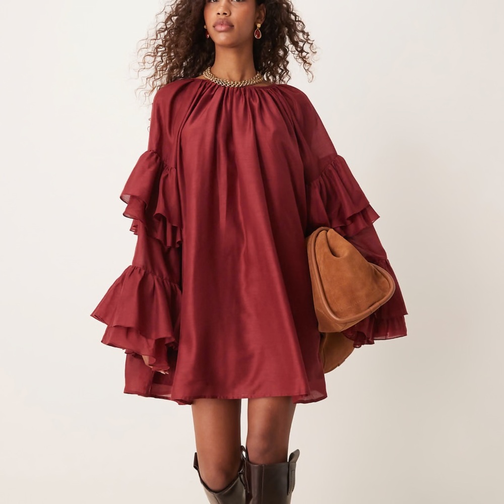 Elegant Wine color Ruffle Sleeve Mini Dress.